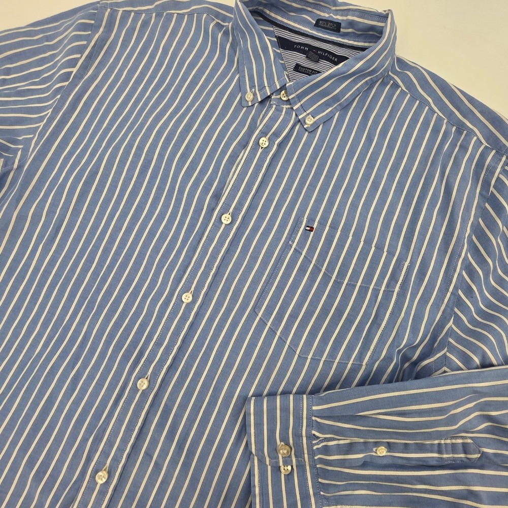 TOMMY HILFIGER BUTTON DOWN SHIRT MENS XL BLUE WHITE STRIPED CUSTOM FIT PREPPY